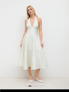 Cider Halter V-Neck Midi Dress in Ivory